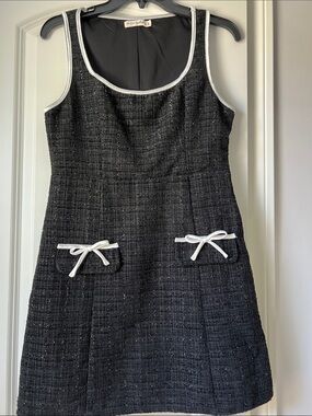 NWOT Black Tweed Sleeveless Dress with White Trim and Bow Accents